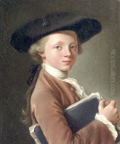 A Boy Holding A Portfolio Oil Painting by Francois Hubert Drouais