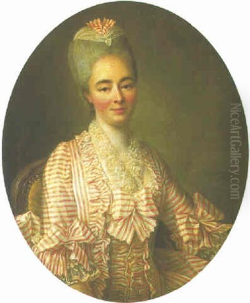 Portrait Of A Lady (yvonette Moulin De La Raciniere?) In A Pink And White Striped Dress With Lace Trimmings Oil Painting by Francois Hubert Drouais