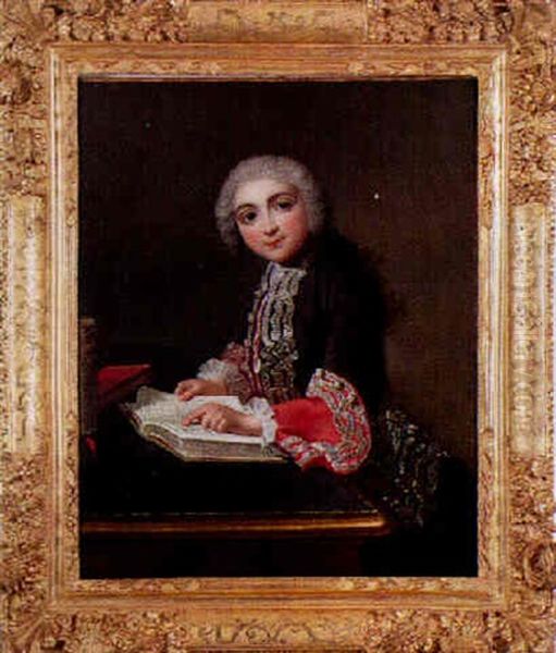 Portrait D'enfant Lisant Les Fables De La Fontaine Oil Painting by Francois Hubert Drouais