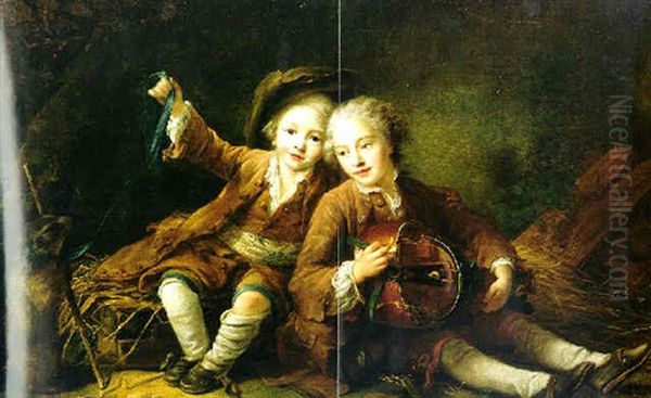 The Children Of The Duc De Bouillon Dressed As Montagnards, One Playing A Hurdy-gurdy And The Other A Marmot On A Ribbon Oil Painting by Francois Hubert Drouais