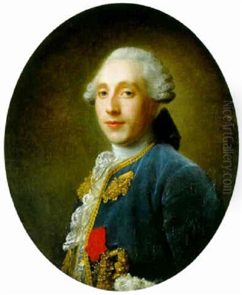 Portrait Of A Gentleman, In A Blue Velvet Coat With Gold Frogging And Lace Ruff by Francois Hubert Drouais