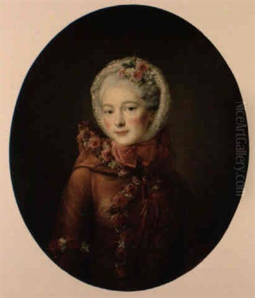 Portrait De Jeune Femme Au Manteau Orne De Roses Oil Painting by Francois Hubert Drouais