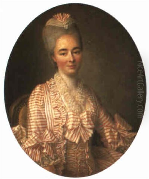 Portrait Of A Lady (yvonette Moulin De La Raciniere?) In A Striped Dress Oil Painting by Francois Hubert Drouais