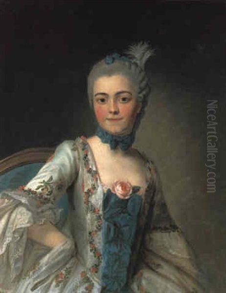 Bildnis Einer Dame In Weisem Kleid Und Einer Rose by Francois Hubert Drouais