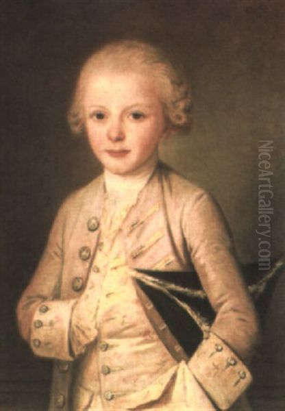 Portrait Of A Young Boy, Half-length In Yellow, Holding A Hat Under His Arm Oil Painting by Francois Hubert Drouais