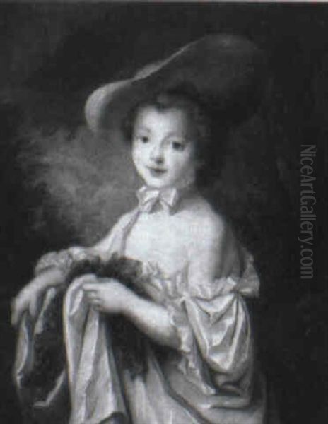 Portrait Of A Young Girl Wearing A White Tunic And A Straw Hat Oil Painting by Francois Hubert Drouais