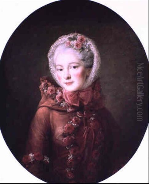 Portrait De Jeune Femme Au Manteau Orne De Roses Oil Painting by Francois Hubert Drouais