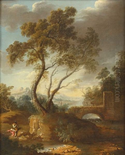 Paysage A La Riviere Et Au Flutiste Oil Painting by Hubert Drouais