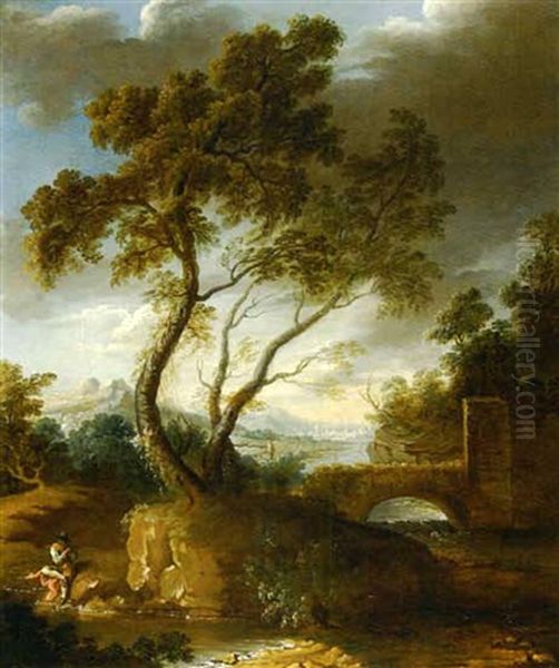 Paysage A La Riviere Et Au Flutiste Oil Painting by Hubert Drouais