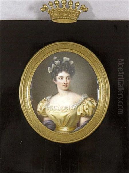 Jeune Femme En Robe De Satin Jaune Borde De Dentelle, Cape Bleue Et Coiffee De Rouleaux Et Chignon A Coques Enrubanne Oil Painting by Jean-Pierre Drouin