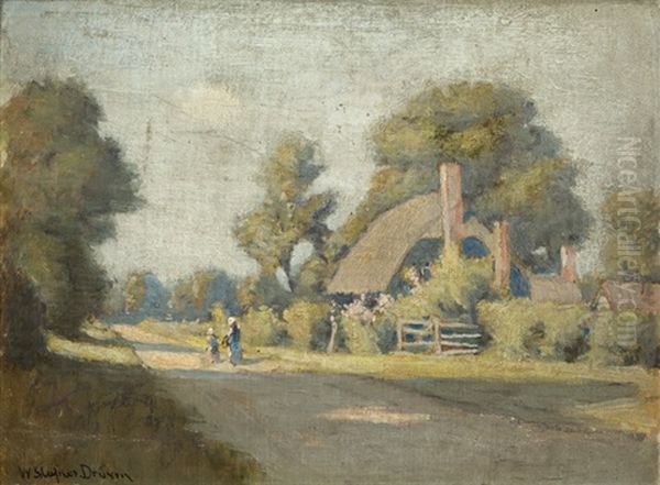 Figures Walking Down A Path Near A Cottage Oil Painting by William Staples Drown