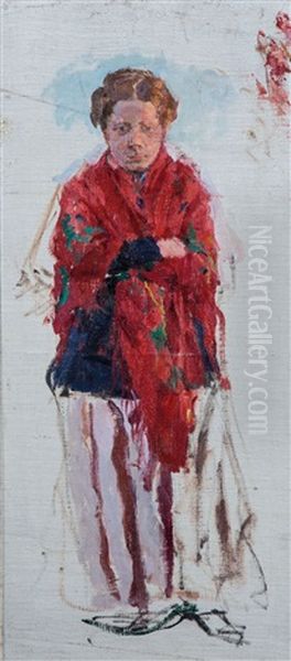 Female With Red Scarf Oil Painting by Ivan Georgevich (Egorovich) Drozdov