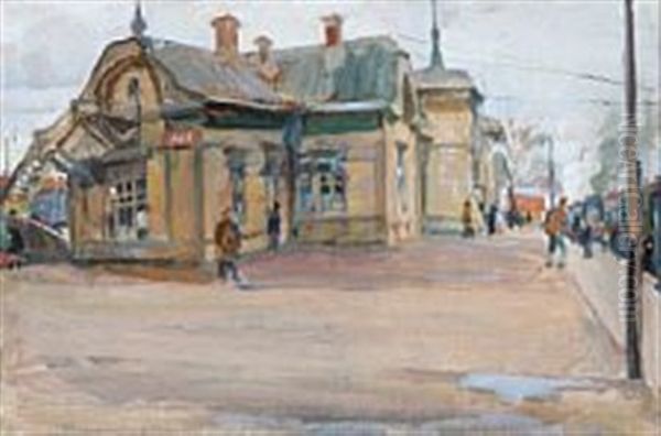 View From A Russian Railway Station Oil Painting by Ivan Georgevich (Egorovich) Drozdov