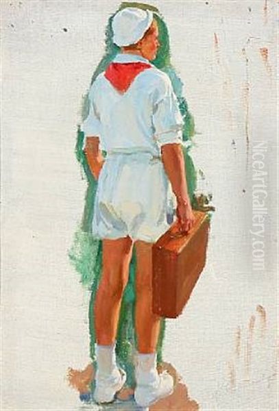 A Russian Boy With His Suitcase. Study Oil Painting by Ivan Georgevich (Egorovich) Drozdov