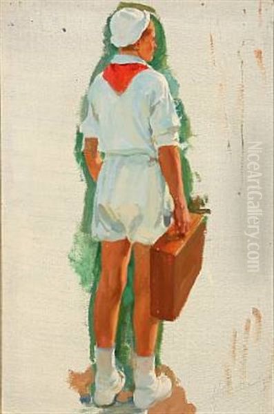 A Russian Boy With His Suitcase (study) Oil Painting by Ivan Georgevich (Egorovich) Drozdov