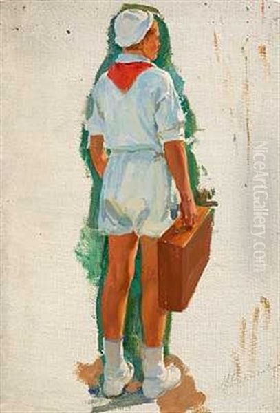 A Russian Boy Holding His Suitcase Oil Painting by Ivan Georgevich (Egorovich) Drozdov