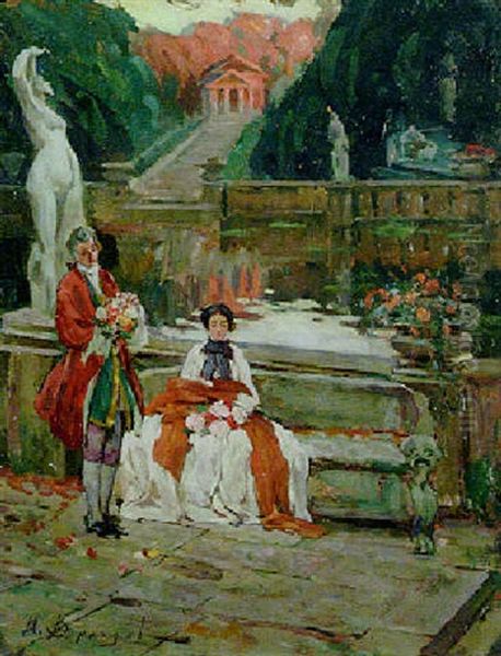 Courting In The Garden Oil Painting by Ivan Georgevich (Egorovich) Drozdov