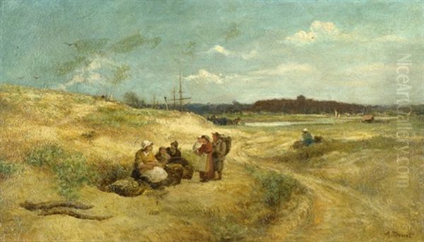 Rastende Bauern Und Fischer In Sommerlicher Landschaft Am Flus Oil Painting by Antoine Druet