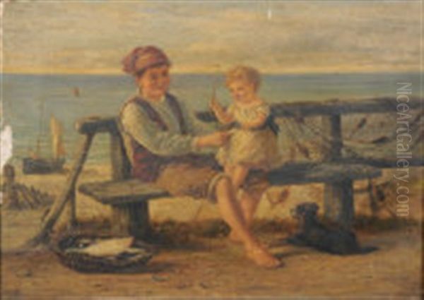 A Fisher Boy On A Bench Sibling On His Knee Oil Painting by James Drummond