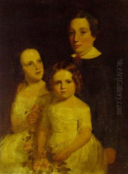 A Group Portrait Of Three Children, Three-quarter-length, The Two Girls In White Dresses, Holding Roses, The Boy In A Black Suit Oil Painting by James Drummond