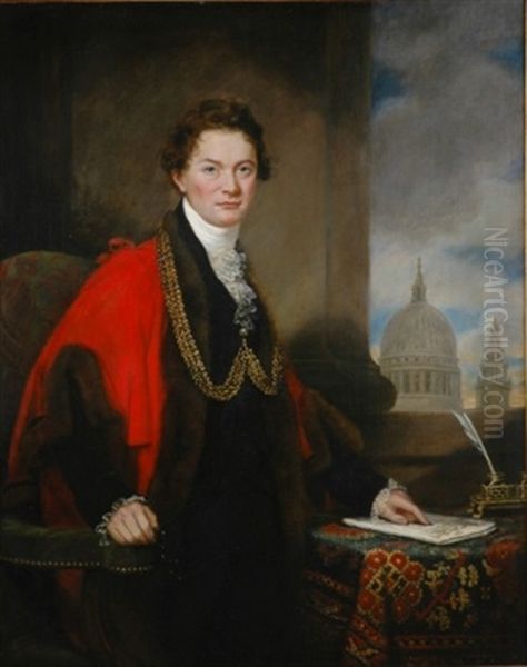 Portrait Of John Thomas Thorp, Lord Mayor Of London With Saint Paul's Cathedral In The Background Oil Painting by Samuel Drummond