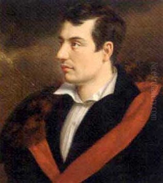 Portrait Of The Poet, George Gordon Byron, 6th Baron Byron, Wearing A White Shirt And A Black Coat With Red Lining And Fur Trim, In A Stormy Landscape Oil Painting by Samuel Drummond