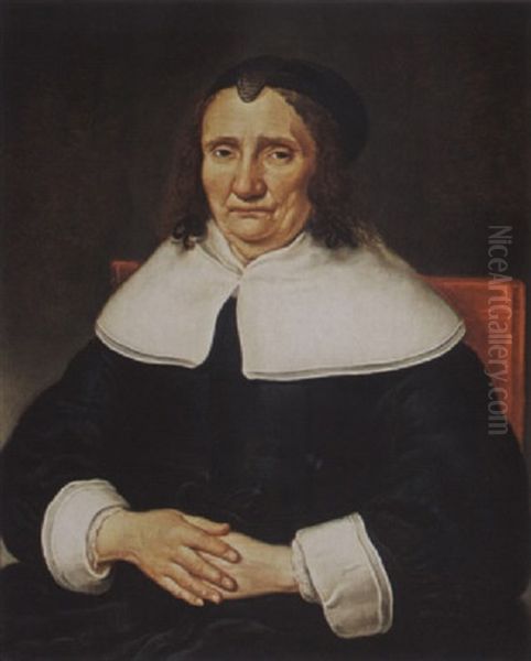 A Portrait Of An Elderly Lady, Wearing A Black Satin Dress With White Collar And Cuffs And A Black Bonnet Oil Painting by Dirck Druyf