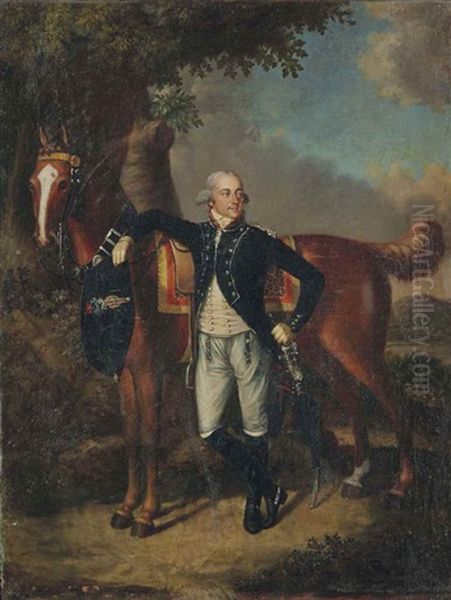 Portrait D'un Officier De La Revolution Avec Son Cheval Oil Painting by Johann Friedrich Dryander