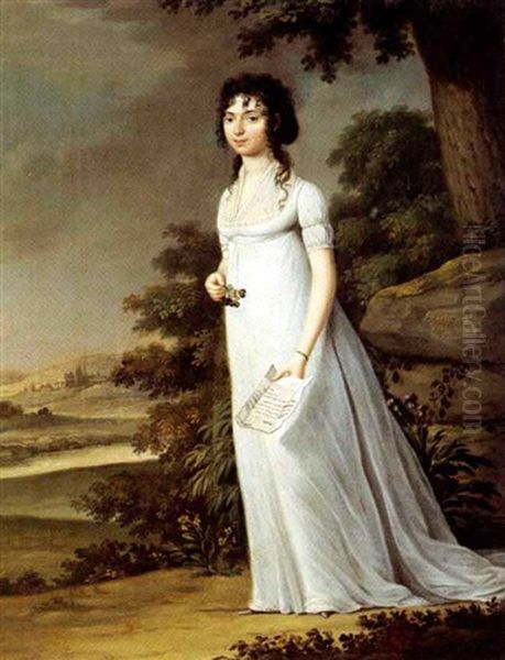 Portrait De Madame Gorcy, Nee Henriette Perin, En Robe Blanche Tenant Une Lettre Dans Un Paysage Oil Painting by Johann Friedrich Dryander