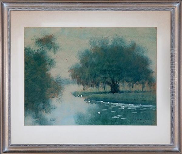 Live Oak Tree And Lily Pads In Louisiana Bayou Oil Painting by Alexander John Drysdale