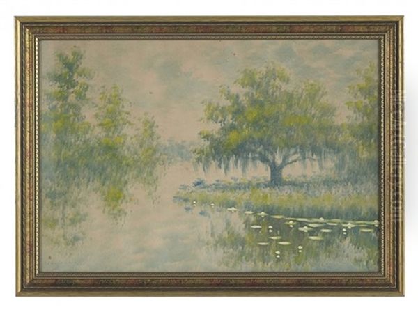 Cypress By A Pond With Lily Pads Oil Painting by Alexander John Drysdale