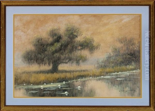 Bayou Landscape With Live Oak And Waterlilies Oil Painting by Alexander John Drysdale