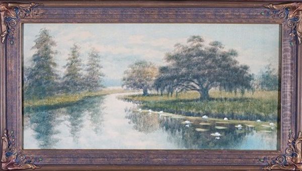 Live Oak And Cypress Trees In Louisiana Bayou Oil Painting by Alexander John Drysdale