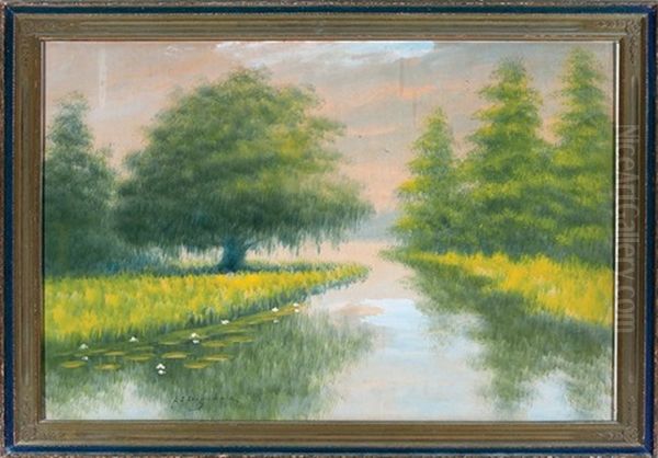 Cypress Trees And Lone Live Oak Tree, Louisiana Bayou Oil Painting by Alexander John Drysdale