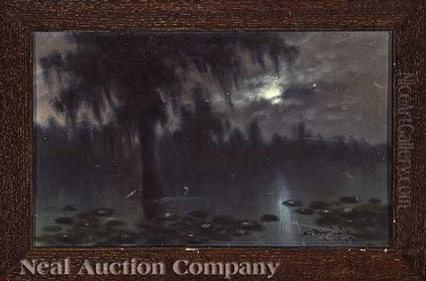 Moonlit Bayou With Lilypads Oil Painting by Alexander John Drysdale