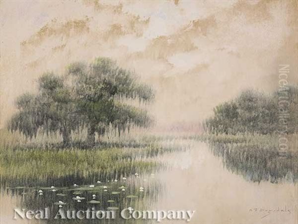 Live Oaks With Water Lillies Oil Painting by Alexander John Drysdale