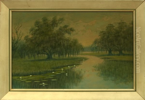 Louisiana Bayou Scene With Moss-laden Oak Trees Oil Painting by Alexander John Drysdale