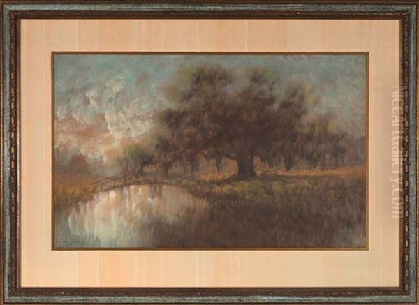 Louisiana Bayou Scene With Oak Tree And Bridge Oil Painting by Alexander John Drysdale