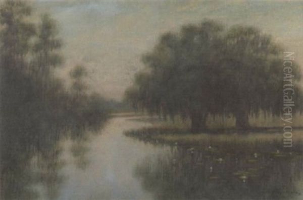 A Classical Louisiana Oak Tree Bayou Landscape Oil Painting by Alexander John Drysdale