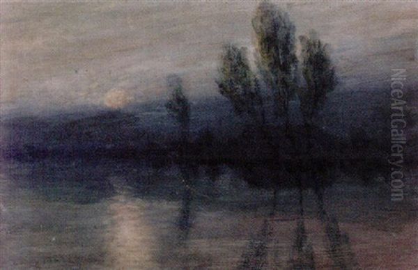 Moonlit Home At Water's Edge Oil Painting by Alexander John Drysdale