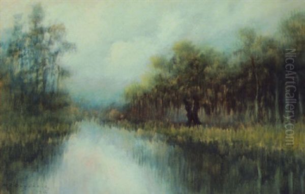 Classical Louisiana Oak And Cypress Bayou Landscape Oil Painting by Alexander John Drysdale