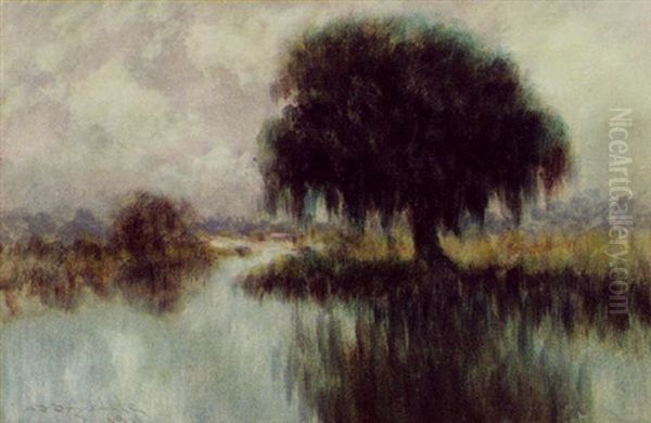 Bayou Landscape With Lone Oak Oil Painting by Alexander John Drysdale