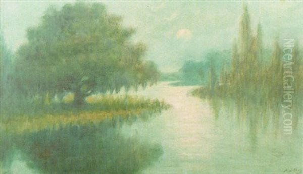 Bayou Landscape At Sunset Oil Painting by Alexander John Drysdale