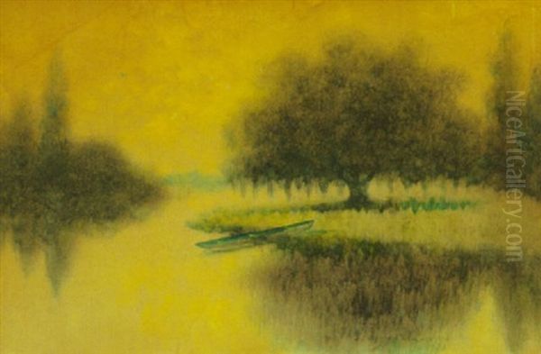 Louisiana Oak Tree Bayou With Pirogue Oil Painting by Alexander John Drysdale