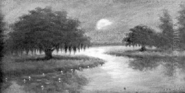 Bayou Scene With Live Oak And Moon by Alexander John Drysdale