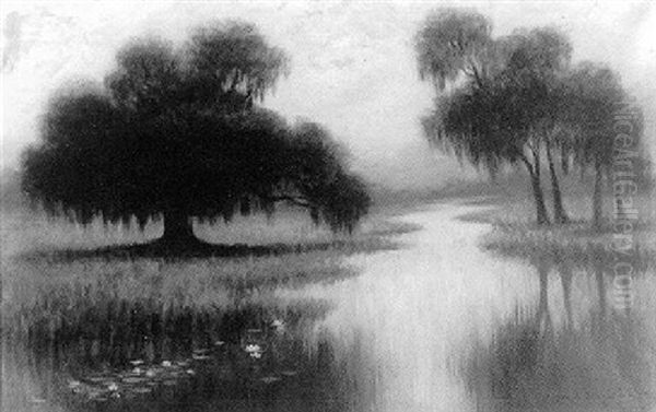 Misty Bayou With Lily Pads Oil Painting by Alexander John Drysdale