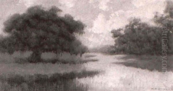 Bayou Scene With Oak Tree And Bushes Oil Painting by Alexander John Drysdale