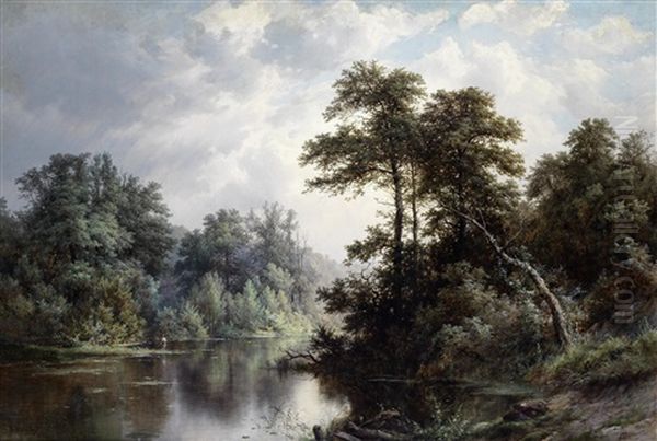 River Landscape Oil Painting by Pavel Pavlovich Dshogin