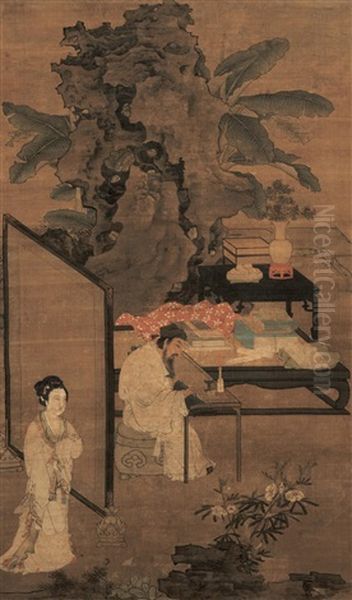 Romantic Garden (zhuo Wenjin Listening To The Qin) Oil Painting by  Du Jin