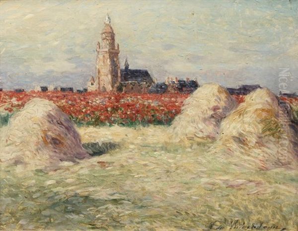 Meules De Foin Et Champs De Coquelicots, Au Croisic Oil Painting by Ferdinand du Puigaudeau